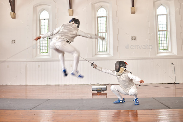 Fencing, exercise and people battle, jump and training, fitness or workout for energy with epee swo