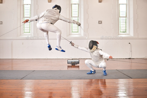 Fencing, sports and people fight, jump and training, fitness or workout for energy with epee sword