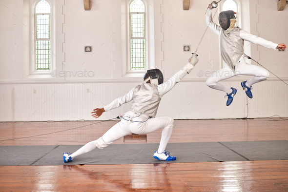 Fencing, exercise and people fight, jump and training, fitness or workout for energy with epee swor