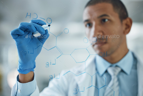 Scientist man, thinking and writing on glass, formula and study for chemical compound, engineer or