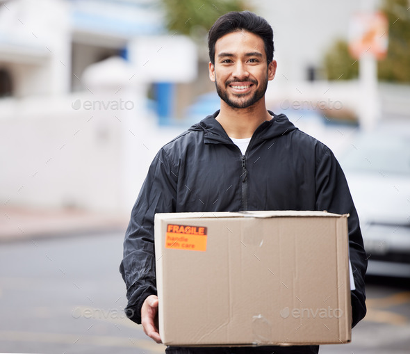 Delivery man, box and courier service for distribution, logistics and retail supply chain in outdoo