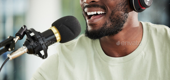 Microphone, headphones and man streaming live, closeup and media broadcast with web radio host. Hap