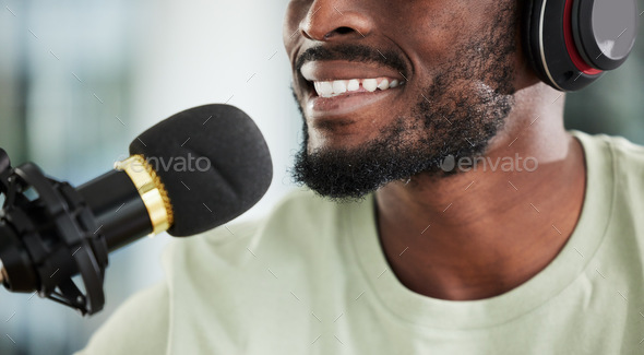 Microphone, headphones and man on podcast, closeup and media broadcast with web radio host. Streami