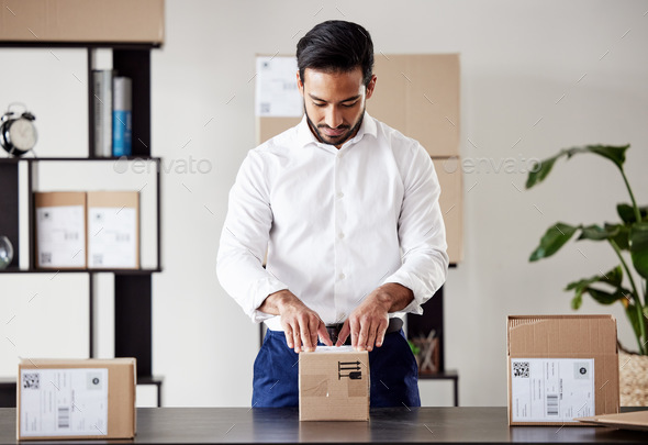Courier, delivery and businessman with box for ecommerce logistics, product label or distribution s