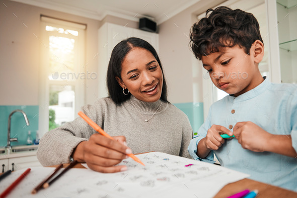 Signal parent, teaching and mother help child with homework for homeschool lesson, project or assig