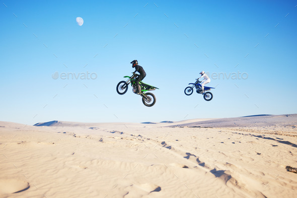 Motorbike, desert race and jump in air for competition, stunt and outdoor for performance, goal and