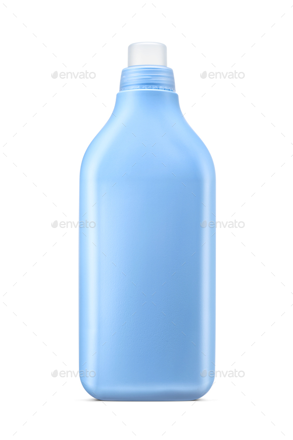 Blue laundry liquid detergent, cleaning agent, bleach or fabric softener plastic bottle isolated.