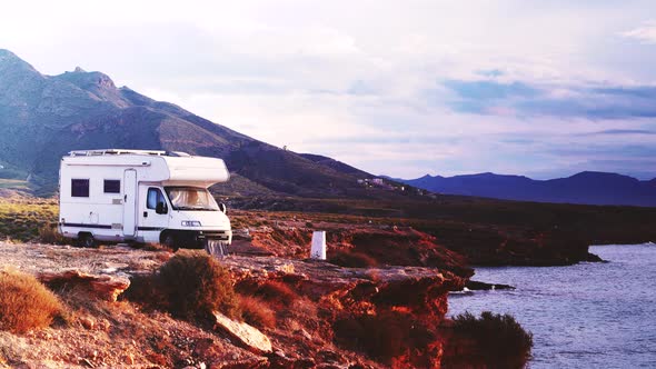 Camper On Sea Cliff In The Morning, Spain alt