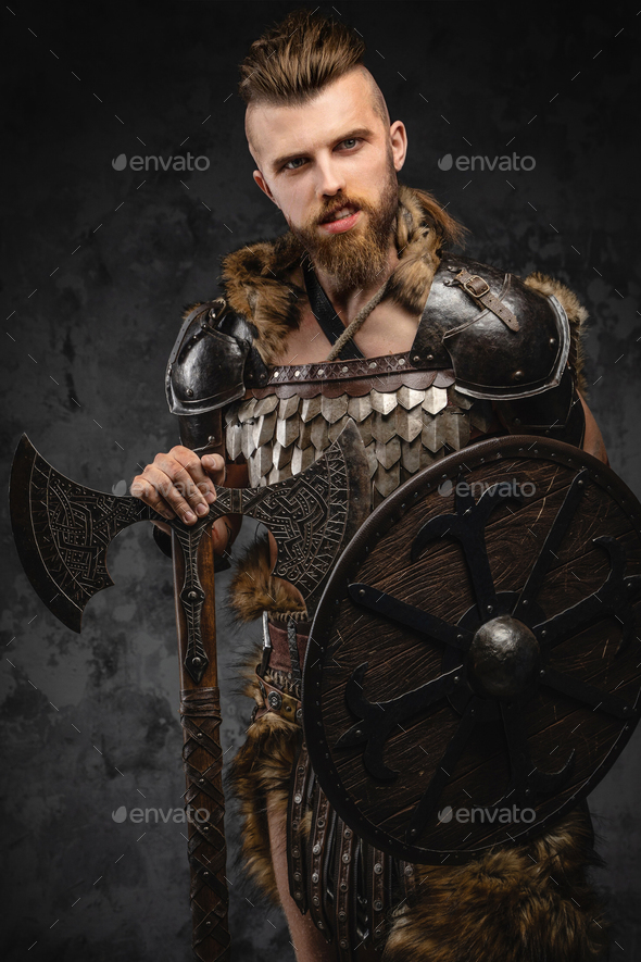 Bearded Viking warrior dressed in fur and light armor