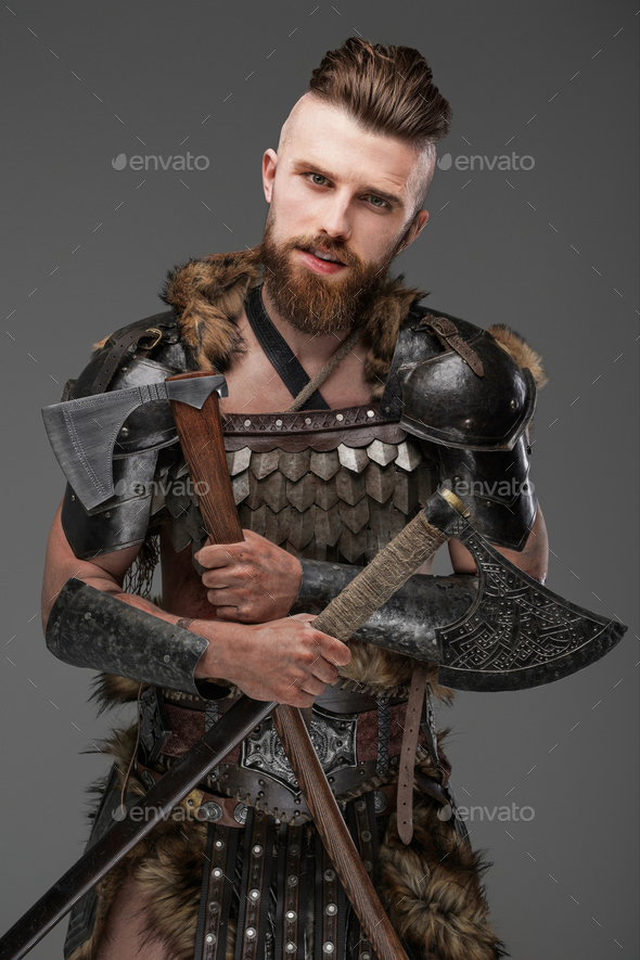 Bearded Viking warrior dressed in fur and light armor