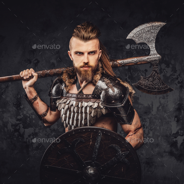 Bearded Viking warrior dressed in fur and light armor