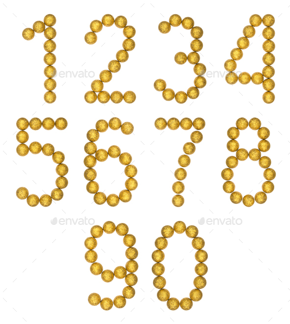 Set of arabic numbers from yellow christmas balls, isolated on white background