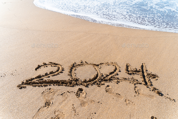 Year 2024 Hand Written In Sand On A Beautiful Beach Stock Photo By    DSC4645 