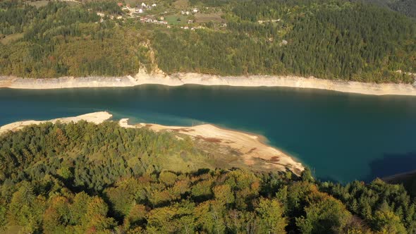 Aerial view at Zaovine lake from Tara mountain in Serbia