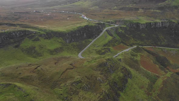 Aerial drone view of the Quiraing area in the Isle of Skye on a cloudy day