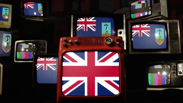 Flags of Montserrat and UK Flag on Retro TVs. alt