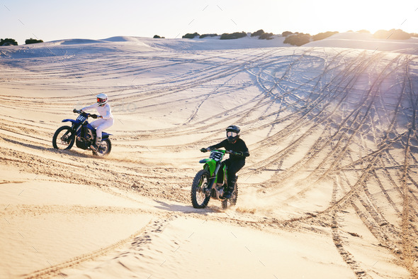 Motorcycle, desert dune and race with speed, competition or outdoor hill for performance, goal or o