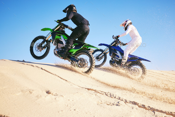 Motorcycle, desert dune and fast in race, contest or outdoor hill climb for performance, goal or of