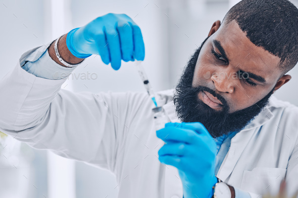 Research, black man and vial with a needle, medical and experiment for healthcare, breakthrough and