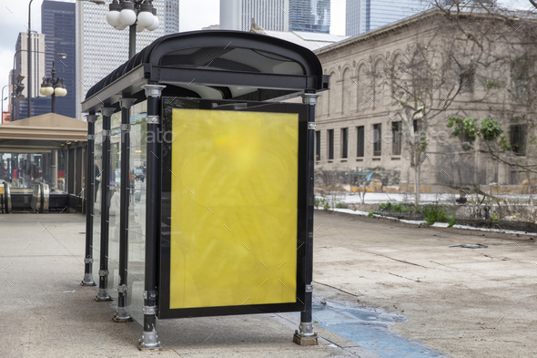 Blank yellow outdoors billboard mockup for advertising, USA urban bus stop. Ad template. Copy space