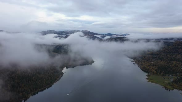 Panoramic Aerial View on Teletskoye Lake in Altai Mountains, Siberia, Russia.