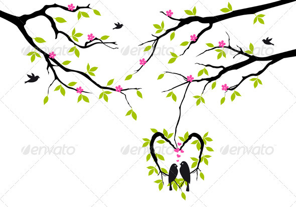 Birds On Tree In Heart Nest, Vector - Valentines Seasons/Holidays