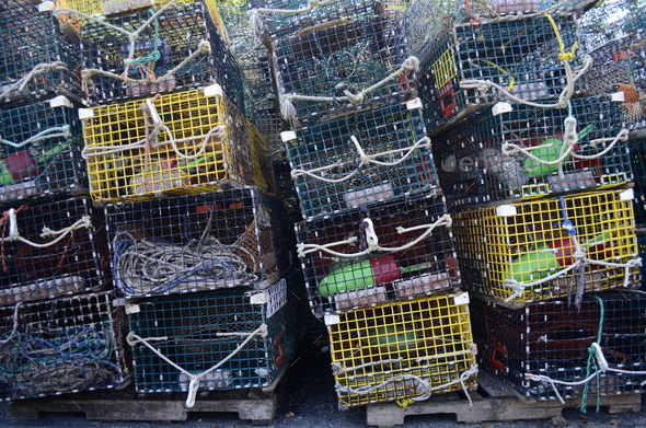 Fishing traps and nets on a pier or berth over the channel Stock