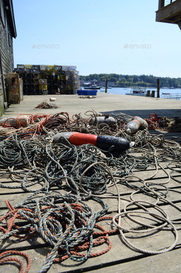 Fishing traps and nets on a pier or berth over the channel Stock