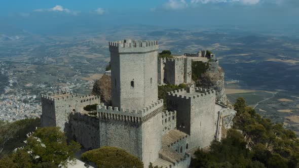 Flying over  Erice, Old Castle on the Hill in Island of Sicily Italy 4K