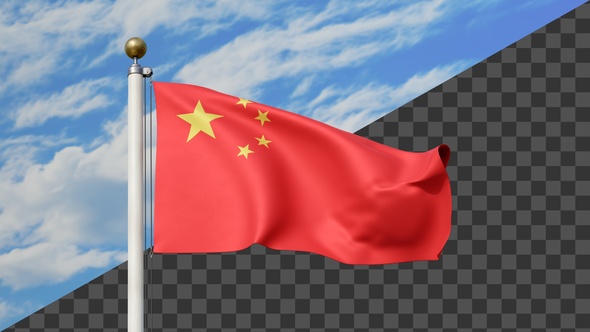 China Flag Waving on a Flag Pole, Alpha Included