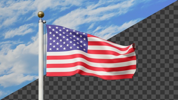 USA Flag Waving on a Flag Pole, Alpha Included