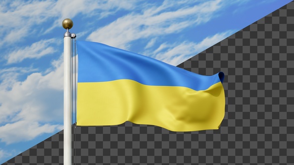 Ukraine Flag Waving on a Flag Pole, Alpha Included
