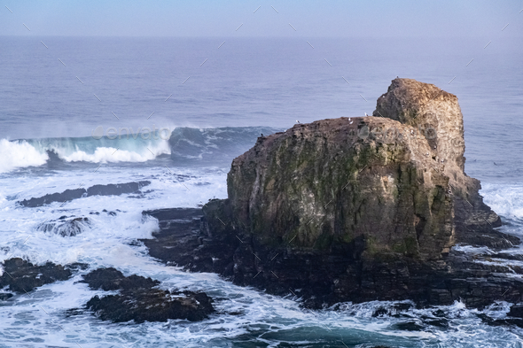 Punta de Lobos, Surf Point, Pichilemu, Chile. giant big waves and view of The Morros - Stock Photo - Images