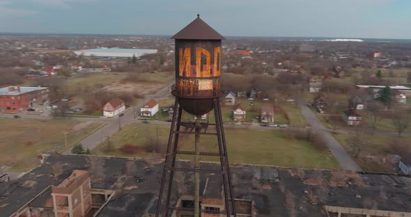 Aerial view of the dilapidated Packard Automotive Plant in Detroit, Michigan.This video was filmed i alt