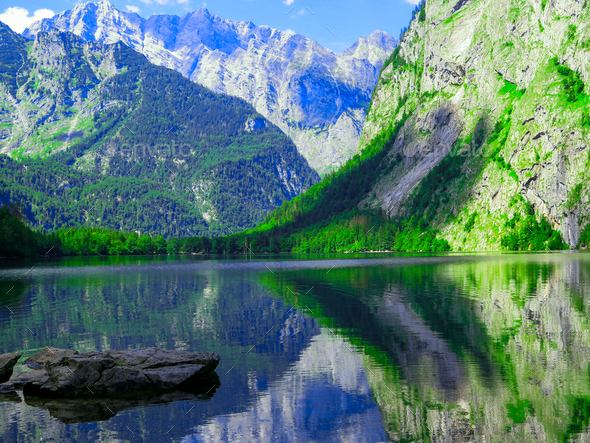Lake Obersee, Berchtesgaden, Bavaria, germany. Nature landscape, reserve  national park. Spectacular Stock Photo by Oksanatukane
