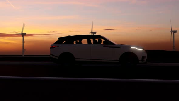 White Luxury SUV Long Road Sunset View