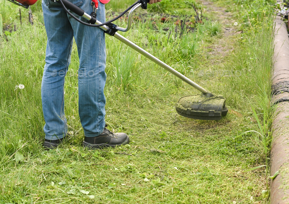 Worker mowing tall grass with electric or petrol lawn trimmer in city park or backyard.