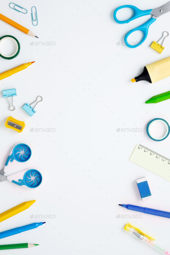 Set of stationery for work and study on white background. Back to school. Top view, flat lay - Stock Photo - Images
