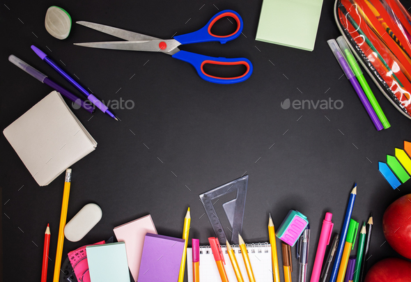 Desk, gadgets and office supplies. Flat lay. Copy space, Stock image