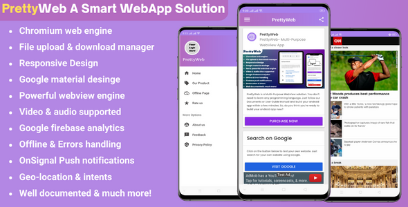 PrettyWeb - Multi-Purpose Android WebView App, AdMob Ads, OneSignal Push & Much More