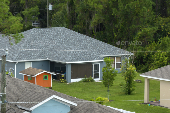 Aerial view of typical contemporary american private house with roof top