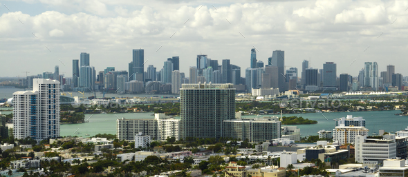 Aerial view of downtown office district of Miami in Florida, USA on bright sunny day.
