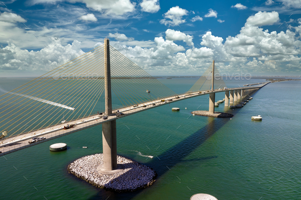 Sunshine Skyway Bridge over Tampa Bay in Florida with moving traffic.