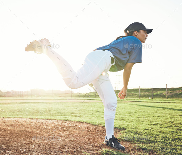 Baseball, pitching and sports person outdoor on a pitch for performance and competition. Profession
