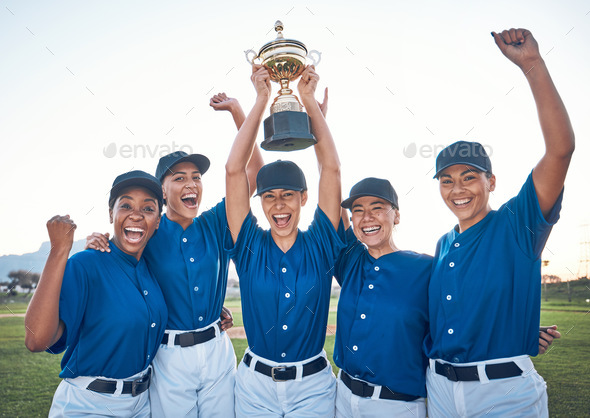 Baseball, trophy and winning team portrait with women outdoor on a pitch for sports competition. Pr