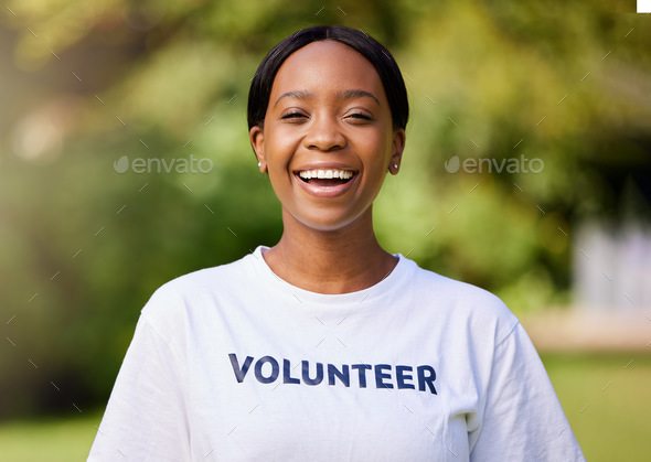 Happy, park volunteer and portrait of a black woman for cleaning, community work and service. Smile