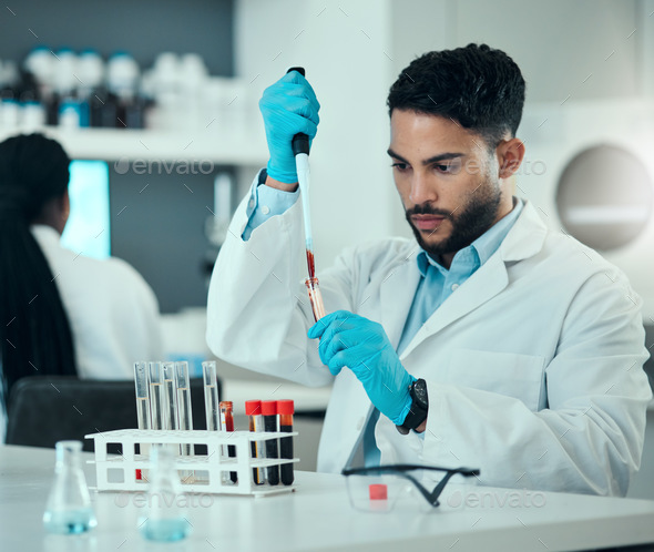 Science, man with blood in pipette and laboratory research, results and medical engineering. Biotec