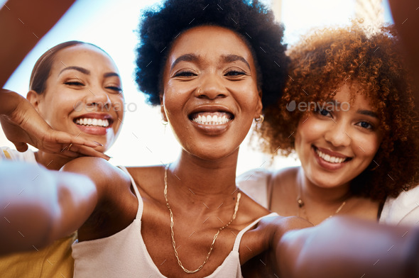 Happy, friends and selfie of African women together on social media ...