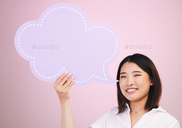 Woman, speech bubble and social media, portrait and voice with dialogue isolated on pink background