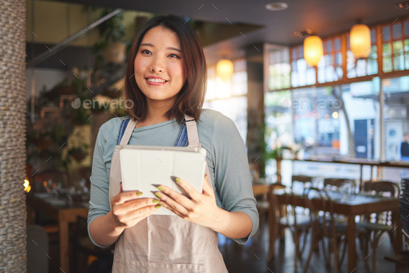 Restaurant, waitress and Asian woman on tablet for order for food service, inventory and sales. Cof